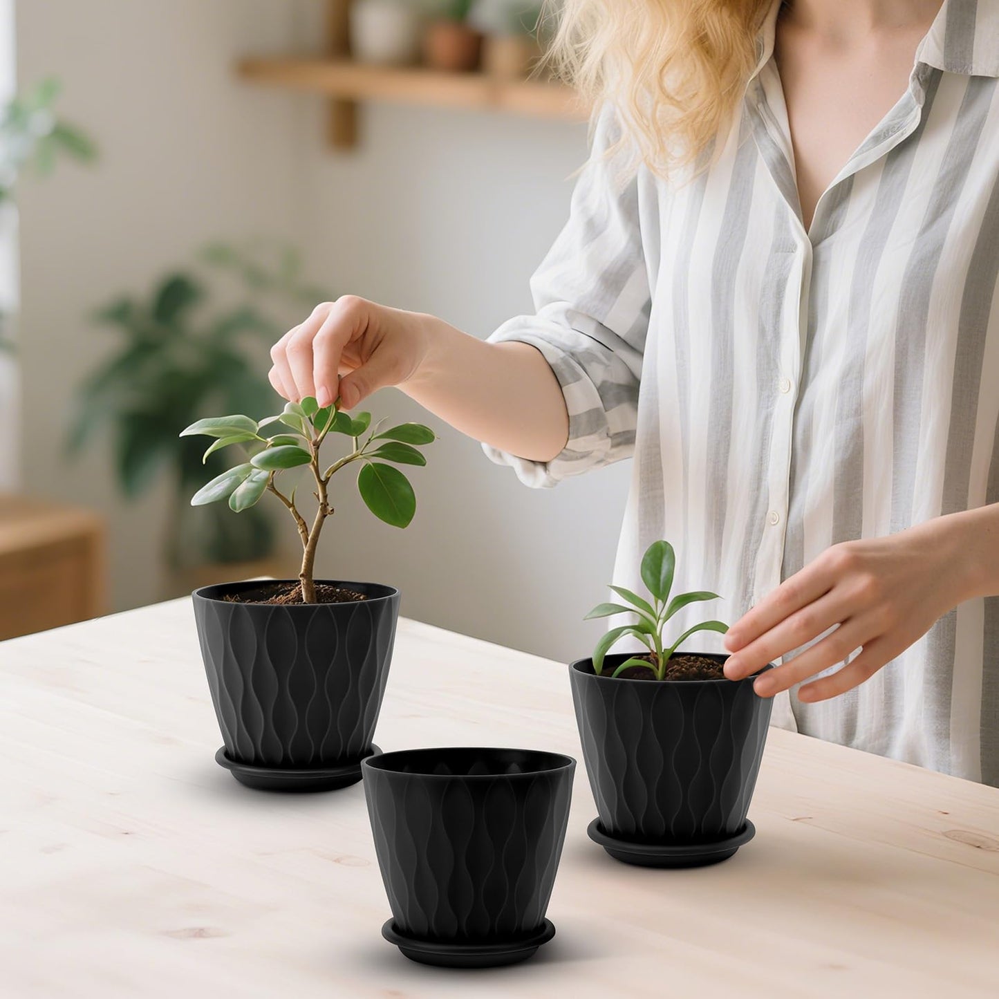 6 inch Plant Pots, 5 Pack Flower Pots Outdoor Indoor, Planters with Drainage Holes and Tray Saucers（Multicolor）