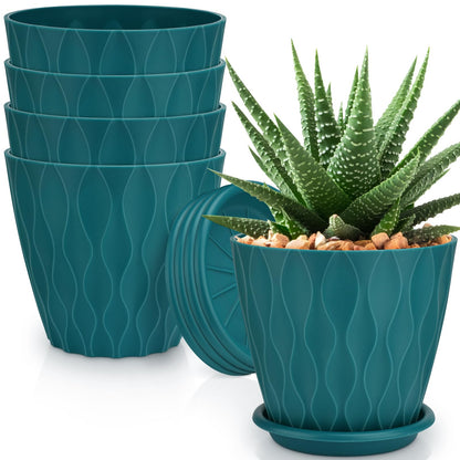 6 inch Plant Pots, 5 Pack Flower Pots Outdoor Indoor, Planters with Drainage Holes and Tray Saucers（Multicolor）