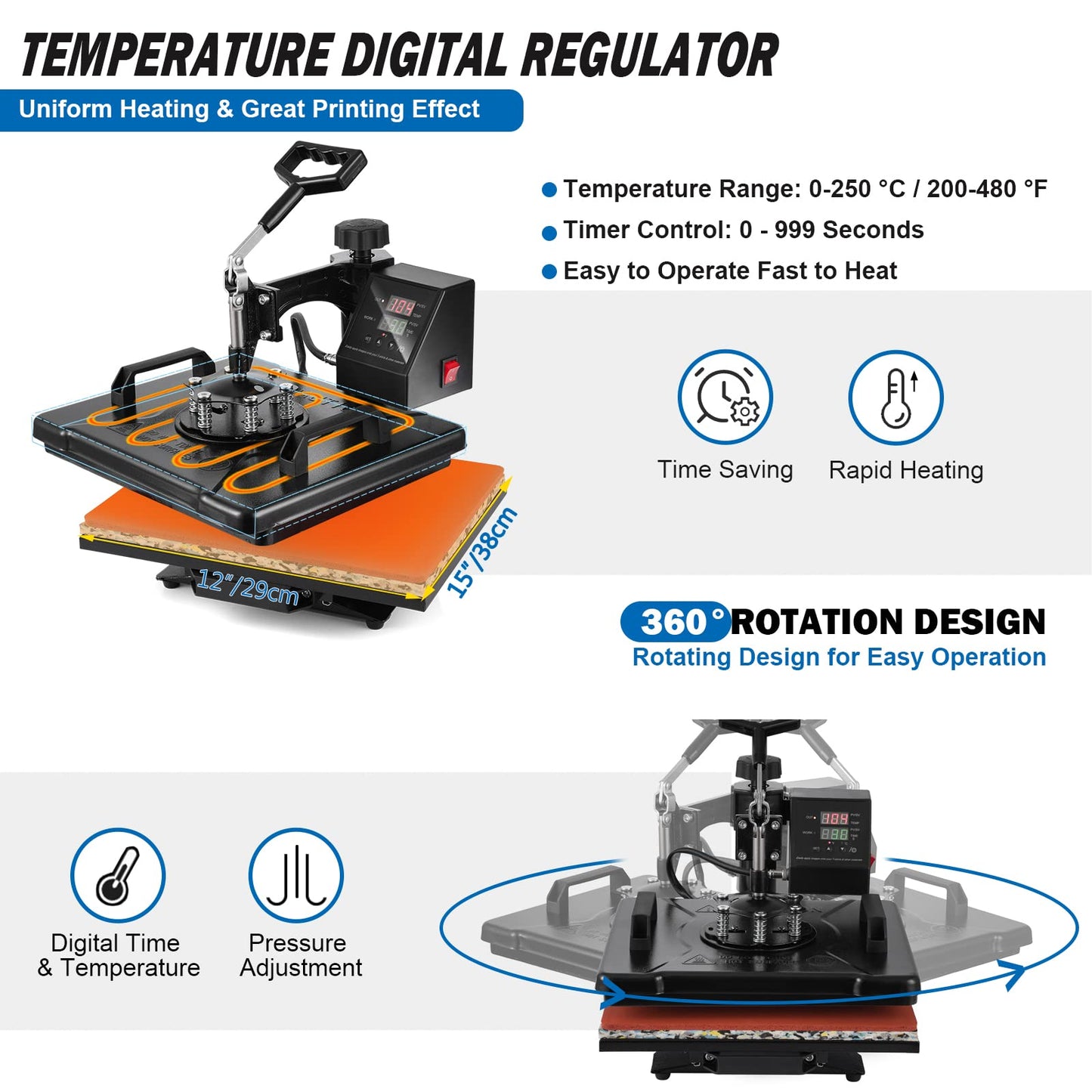 5 in 1 Heat Press Machine, 12x15 inch Swing Away Heat Press for Sublimation, T Shirt Pressing Machine Multifunction, Heat Press Transfer Machine Combo for T-Shirt Hat Cap Mug Plate Cap