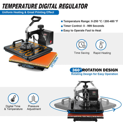 5 in 1 Heat Press Machine, 12x15 inch Swing Away Heat Press for Sublimation, T Shirt Pressing Machine Multifunction, Heat Press Transfer Machine Combo for T-Shirt Hat Cap Mug Plate Cap