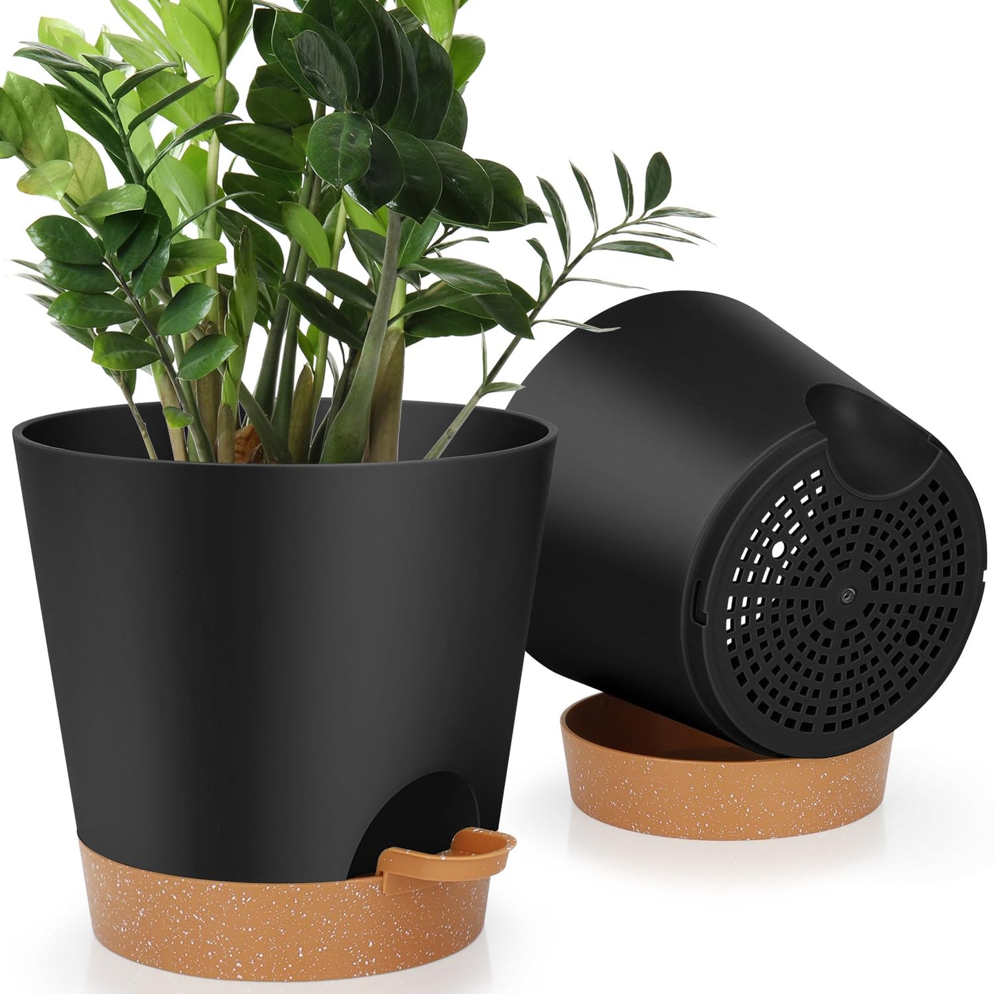 Indoor Self Watering Planters with Drainage Holes and Saucers, 8, 7, 6.5, 6, 5.5, 5 Inches, Black, 6 Pots
