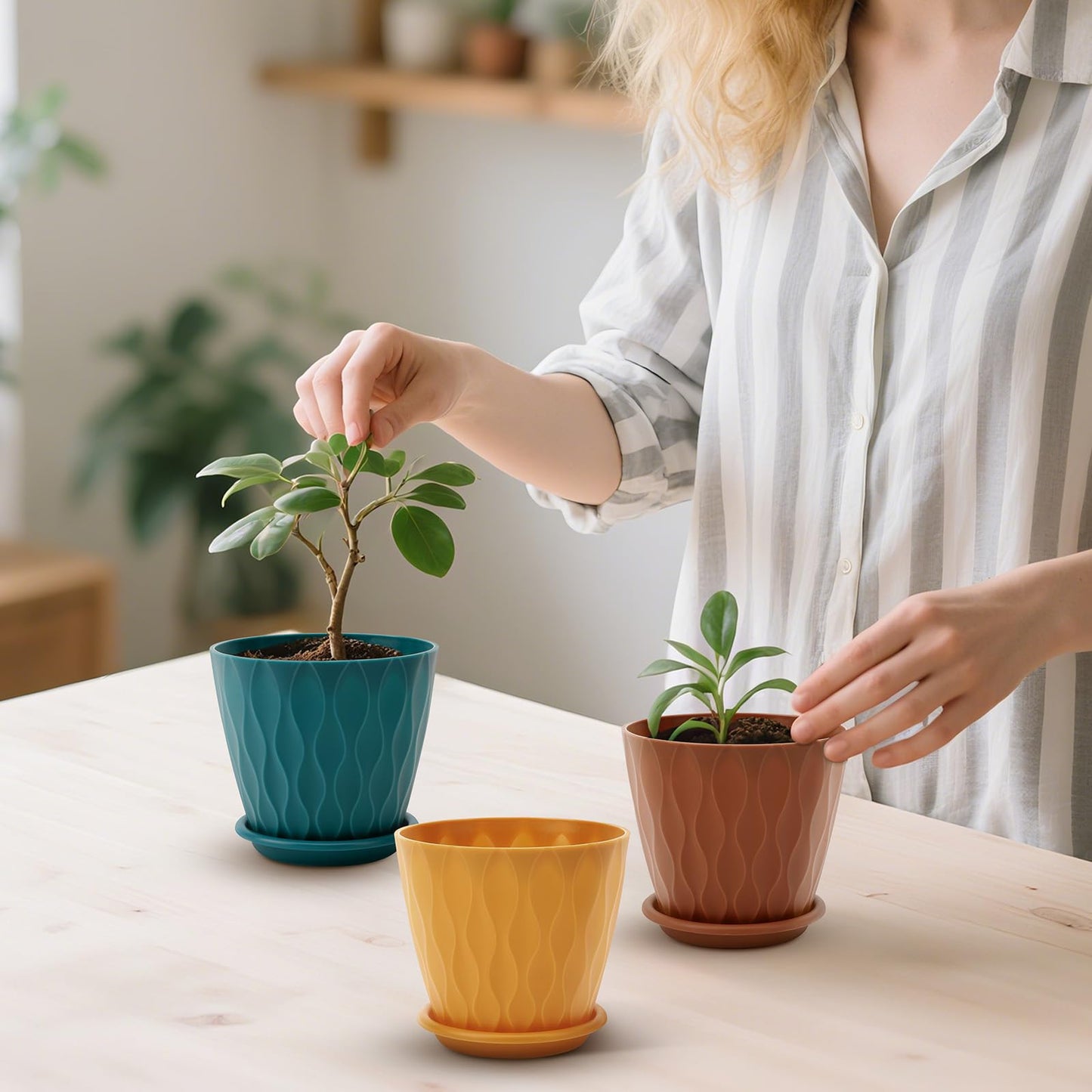 6 inch Plant Pots, 5 Pack Flower Pots Outdoor Indoor, Planters with Drainage Holes and Tray Saucers（Multicolor）