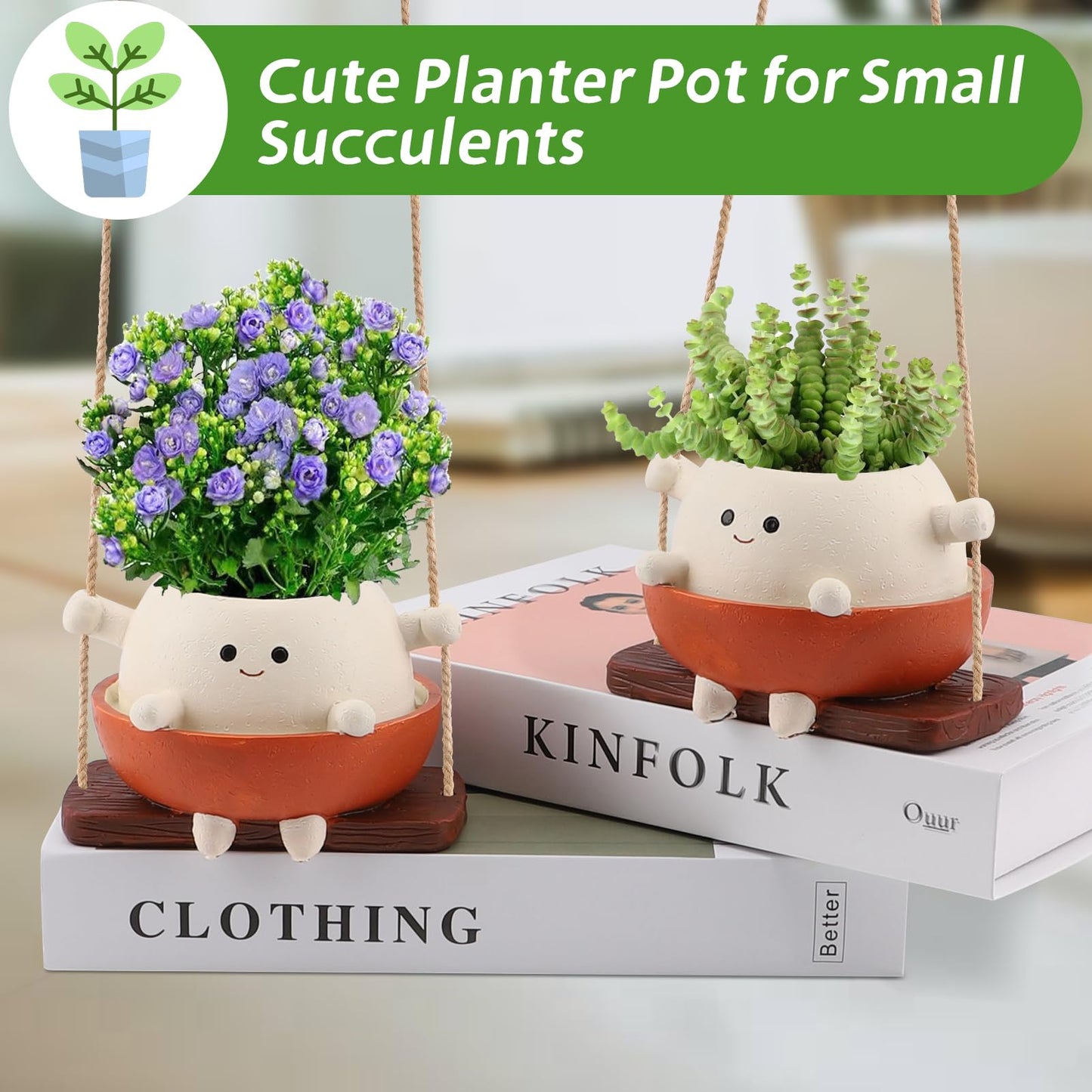 Glossy Swing Smiley Face Planter Pot Head, Small Hanging Planter for Indoor Outdoor Plants, Cute Hanging Flower Pot for String of Pearls Plant Live, Birthday Gifts