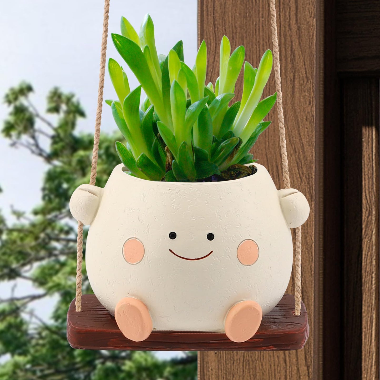 Glossy Swing Smiley Face Planter Pot Head, Small Hanging Planter for Indoor Outdoor Plants, Cute Hanging Flower Pot for String of Pearls Plant Live, Birthday Gifts