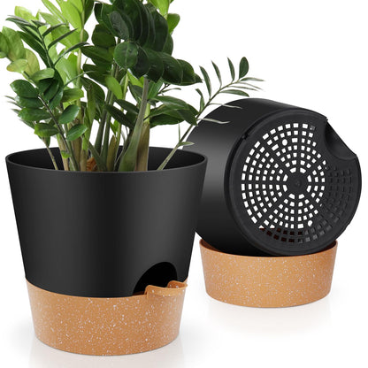 Indoor Self Watering Planters with Drainage Holes and Saucers, 8, 7, 6.5, 6, 5.5, 5 Inches, Black, 6 Pots