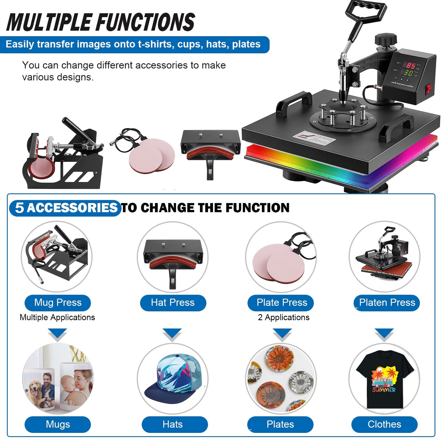 5 in 1 Heat Press Machine, 12x15 inch Swing Away Heat Press for Sublimation, T Shirt Pressing Machine Multifunction, Heat Press Transfer Machine Combo for T-Shirt Hat Cap Mug Plate Cap