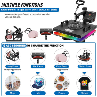 5 in 1 Heat Press Machine, 12x15 inch Swing Away Heat Press for Sublimation, T Shirt Pressing Machine Multifunction, Heat Press Transfer Machine Combo for T-Shirt Hat Cap Mug Plate Cap
