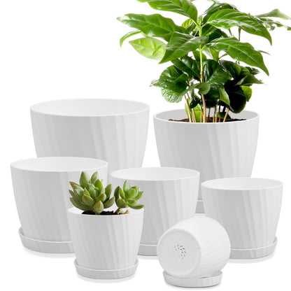 Indoor Self Watering Planters with Drainage Holes and Saucers, 8, 7, 6.5, 6, 5.5, 5 Inches, Black, 6 Pots