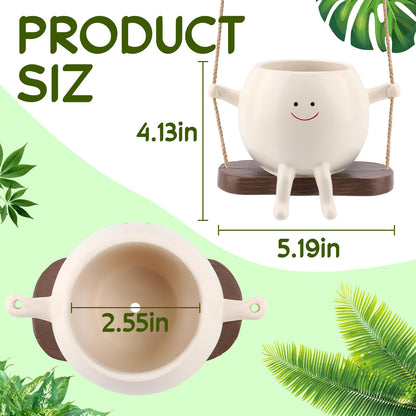 Glossy Swing Smiley Face Planter Pot Head, Small Hanging Planter for Indoor Outdoor Plants, Cute Hanging Flower Pot for String of Pearls Plant Live, Birthday Gifts