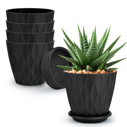 6 inch Plant Pots, 5 Pack Flower Pots Outdoor Indoor, Planters with Drainage Holes and Tray Saucers（Multicolor）