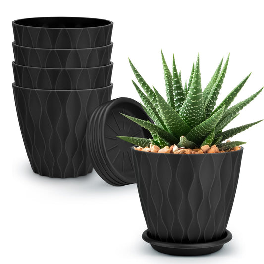 6 inch Plant Pots, 5 Pack Flower Pots Outdoor Indoor, Planters with Drainage Holes and Tray Saucers（Multicolor）