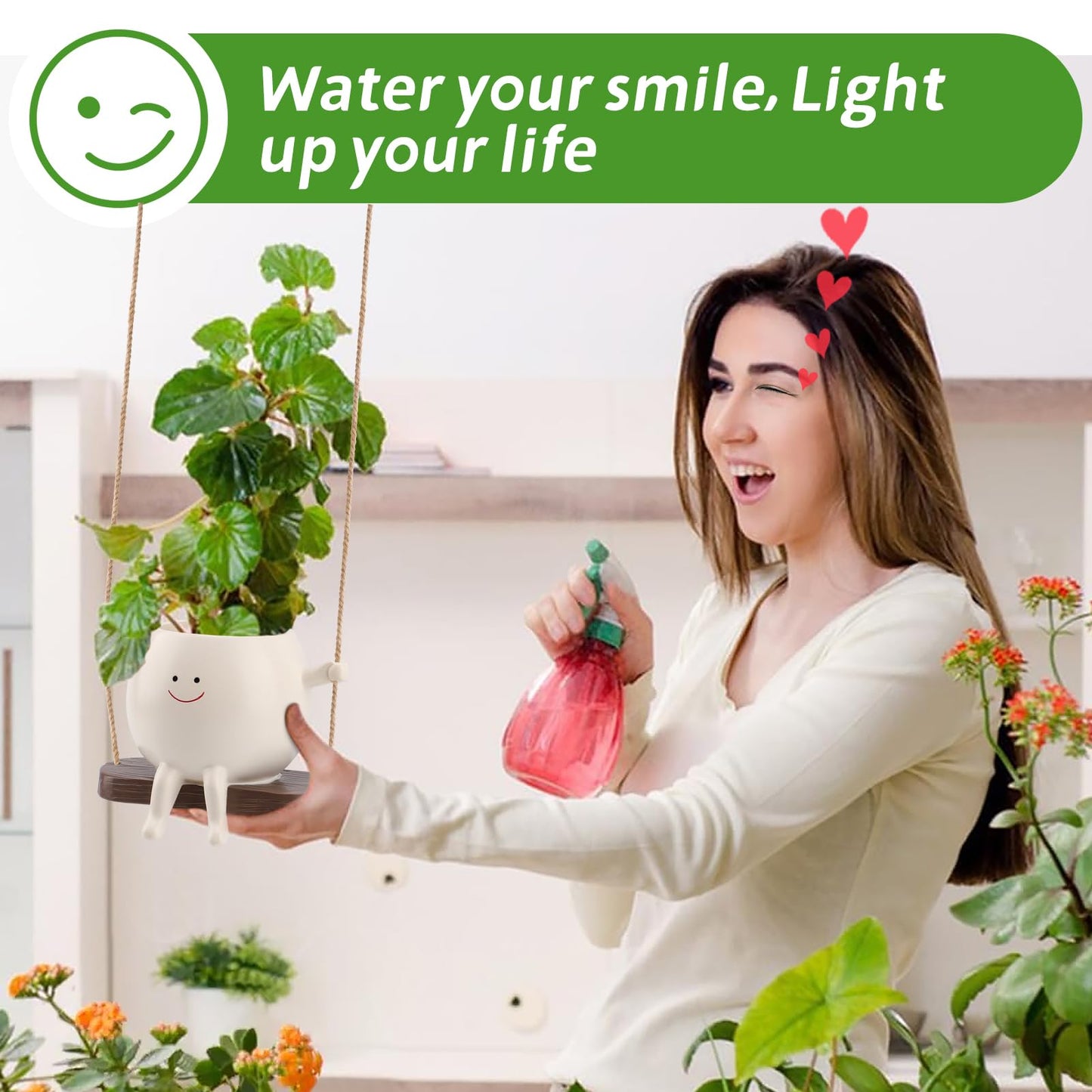Glossy Swing Smiley Face Planter Pot Head, Small Hanging Planter for Indoor Outdoor Plants, Cute Hanging Flower Pot for String of Pearls Plant Live, Birthday Gifts