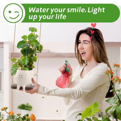 Glossy Swing Smiley Face Planter Pot Head, Small Hanging Planter for Indoor Outdoor Plants, Cute Hanging Flower Pot for String of Pearls Plant Live, Birthday Gifts