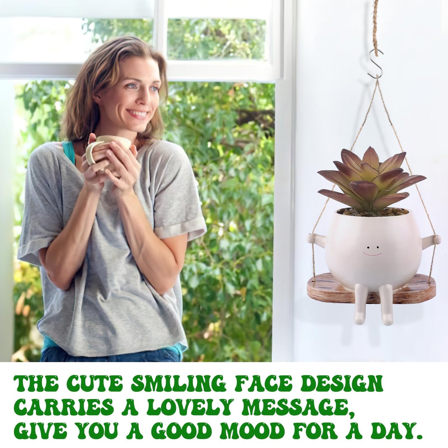 Glossy Swing Smiley Face Planter Pot Head, Small Hanging Planter for Indoor Outdoor Plants, Cute Hanging Flower Pot for String of Pearls Plant Live, Birthday Gifts
