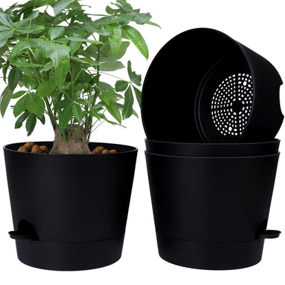 Indoor Self Watering Planters with Drainage Holes and Saucers, 8, 7, 6.5, 6, 5.5, 5 Inches, Black, 6 Pots