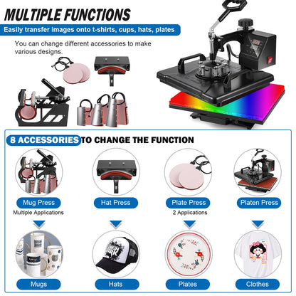 5 in 1 Heat Press Machine, 12x15 inch Swing Away Heat Press for Sublimation, T Shirt Pressing Machine Multifunction, Heat Press Transfer Machine Combo for T-Shirt Hat Cap Mug Plate Cap