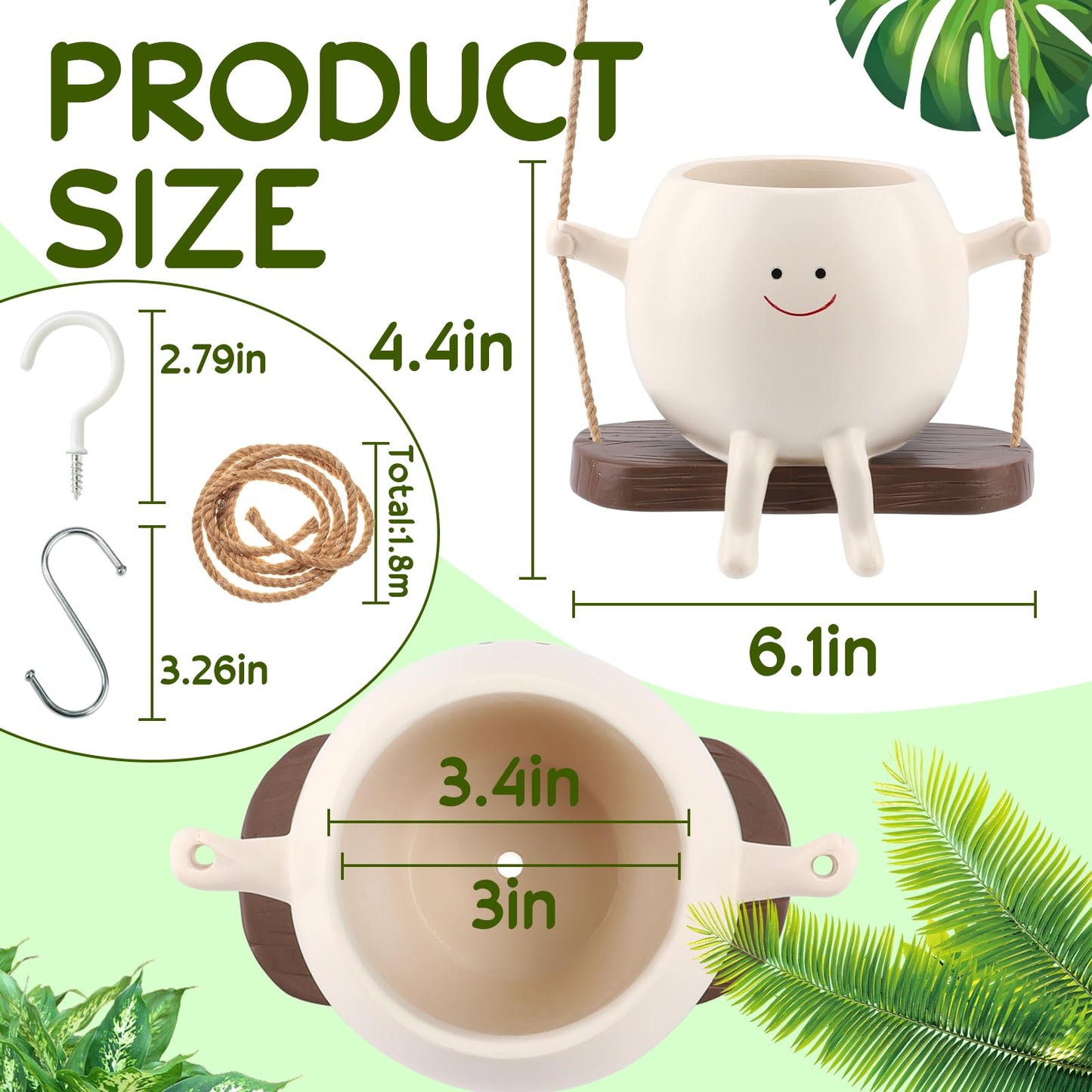 Glossy Swing Smiley Face Planter Pot Head, Small Hanging Planter for Indoor Outdoor Plants, Cute Hanging Flower Pot for String of Pearls Plant Live, Birthday Gifts