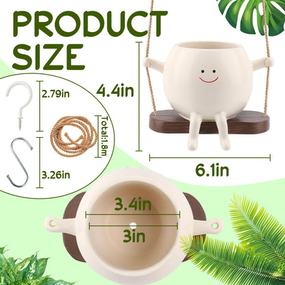 Glossy Swing Smiley Face Planter Pot Head, Small Hanging Planter for Indoor Outdoor Plants, Cute Hanging Flower Pot for String of Pearls Plant Live, Birthday Gifts
