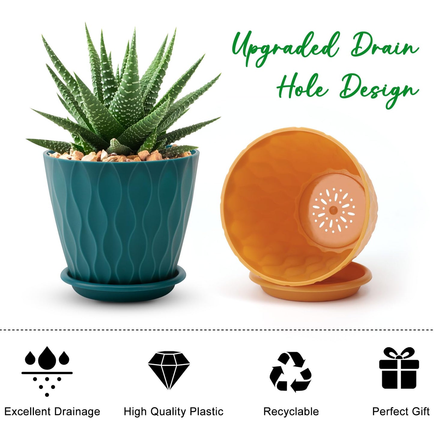 6 inch Plant Pots, 5 Pack Flower Pots Outdoor Indoor, Planters with Drainage Holes and Tray Saucers（Multicolor）