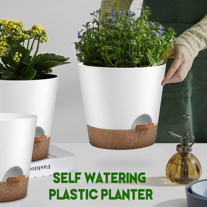 Indoor Self Watering Planters with Drainage Holes and Saucers, 8, 7, 6.5, 6, 5.5, 5 Inches, Black, 6 Pots