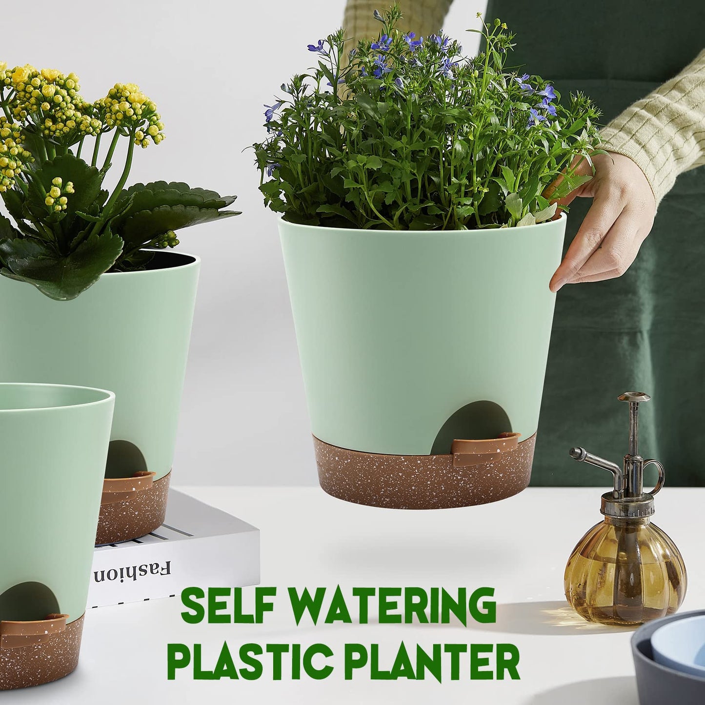 Indoor Self Watering Planters with Drainage Holes and Saucers, 8, 7, 6.5, 6, 5.5, 5 Inches, Black, 6 Pots