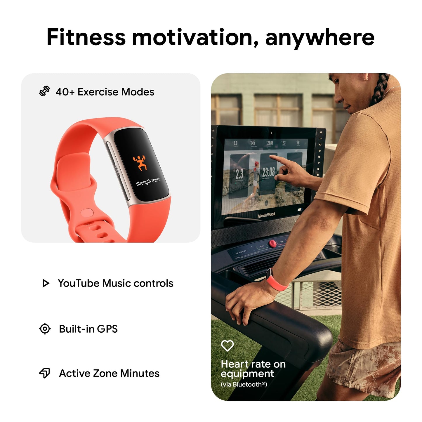 Fitbit Charge 6 Fitness Tracker with Google apps, Heart Rate on Exercise Equipment, 6-Months Premium Membership Included, GPS, Health Tools and More, Porcelain/Silver, One Size (S & L Bands Included)