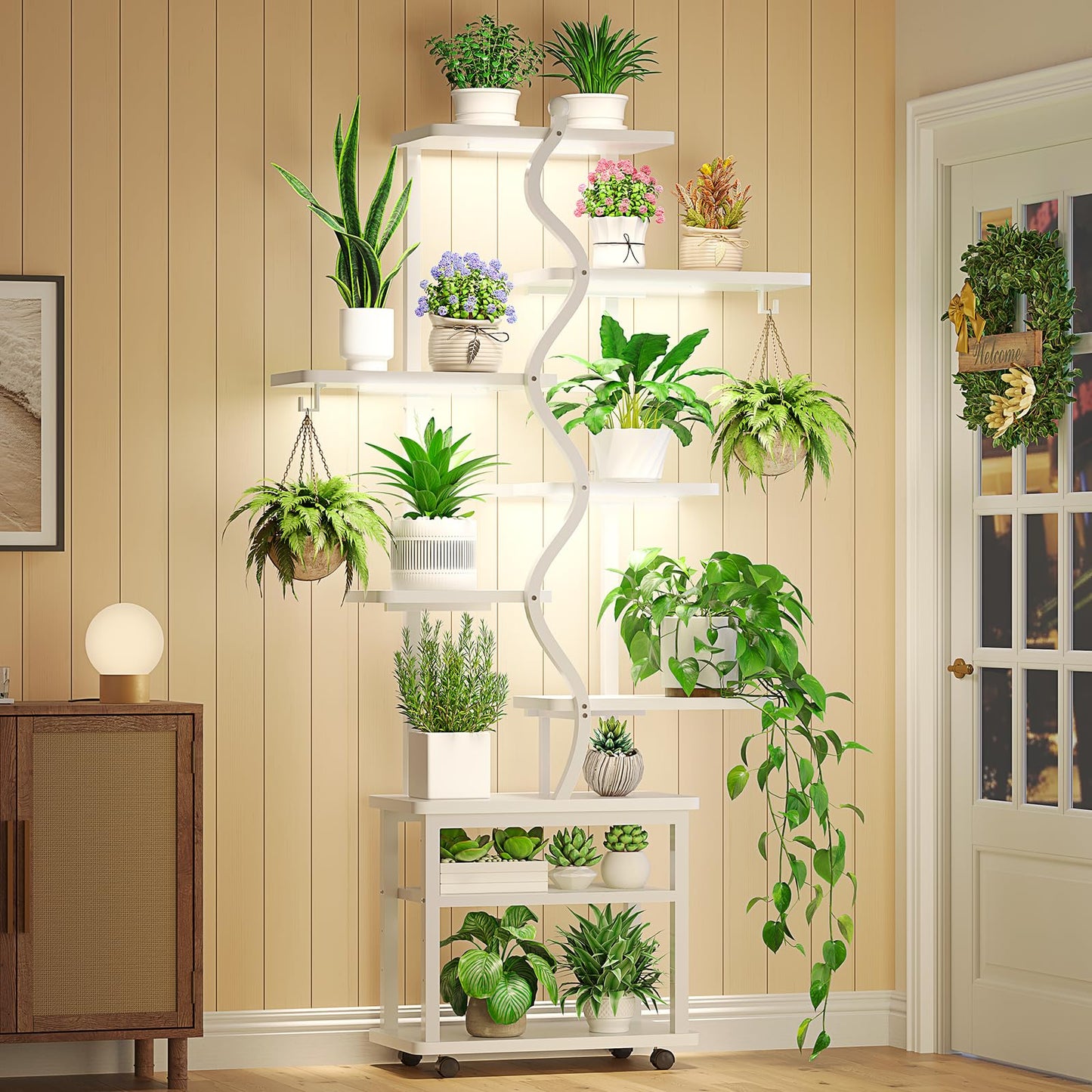 Itaar Plant Stand Indoor with Grow Lights, 9 Tiered Plant Shelf Indoor, 71" Tall Plant Stands with Wheels, S-Shaped Metal Plant Stand Display for Living Room, Patio(Rustic Brown)