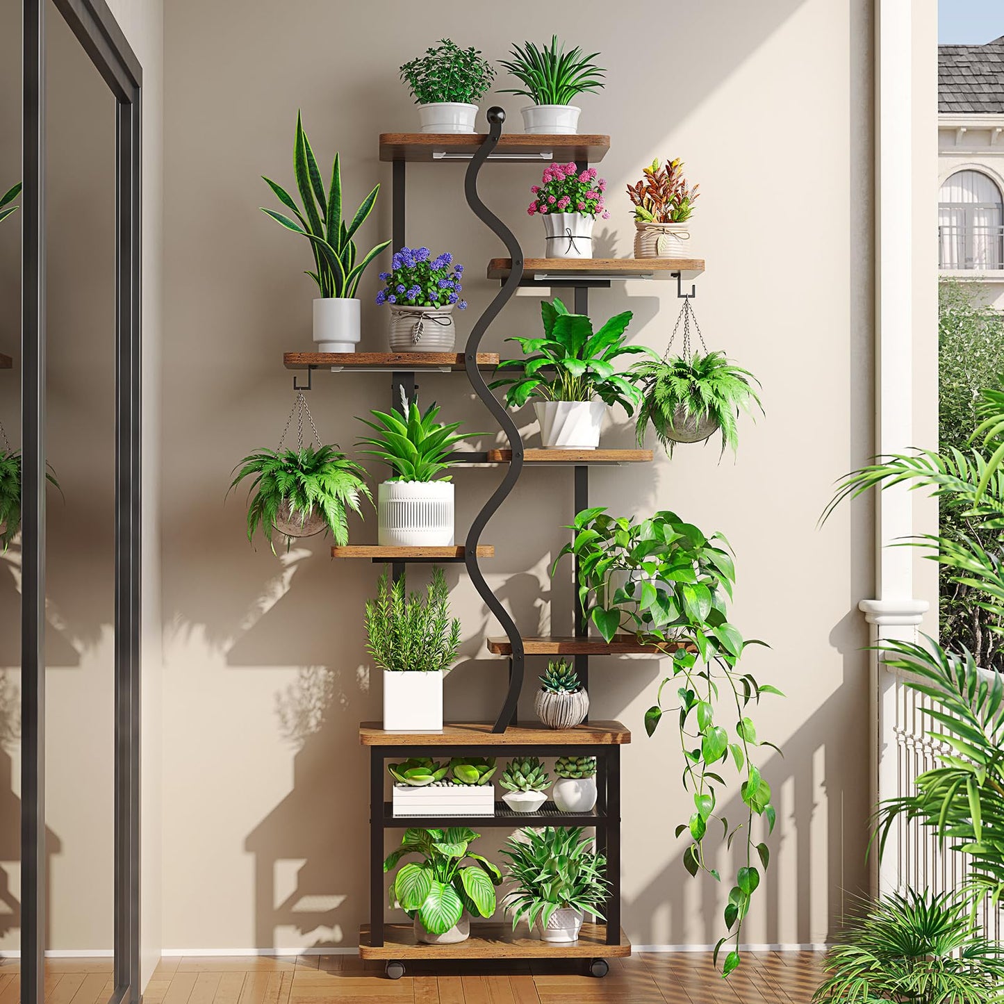 Itaar Plant Stand Indoor with Grow Lights, 9 Tiered Plant Shelf Indoor, 71" Tall Plant Stands with Wheels, S-Shaped Metal Plant Stand Display for Living Room, Patio(Rustic Brown)