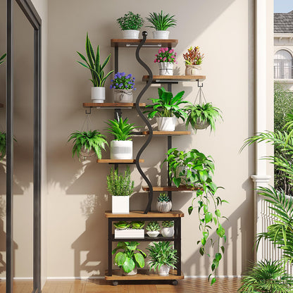 Itaar Plant Stand Indoor with Grow Lights, 9 Tiered Plant Shelf Indoor, 71" Tall Plant Stands with Wheels, S-Shaped Metal Plant Stand Display for Living Room, Patio(Rustic Brown)
