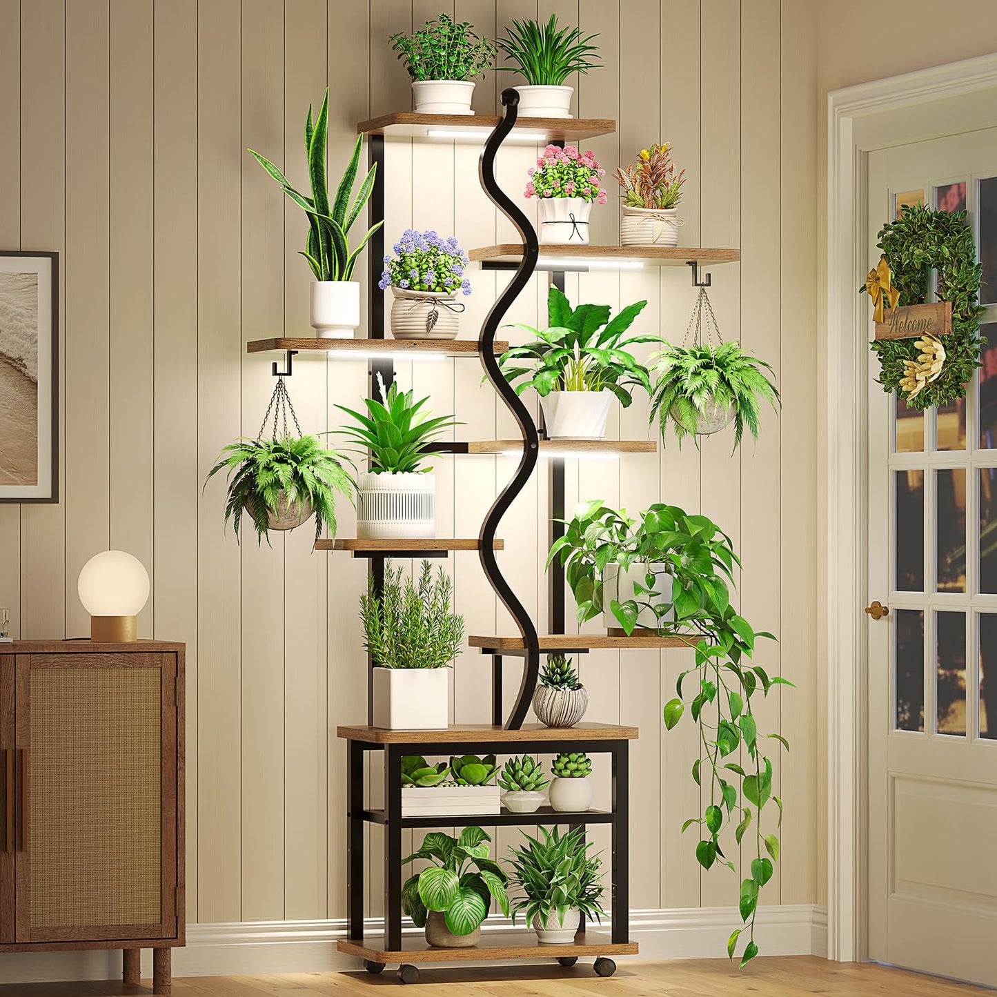 Itaar Plant Stand Indoor with Grow Lights, 9 Tiered Plant Shelf Indoor, 71" Tall Plant Stands with Wheels, S-Shaped Metal Plant Stand Display for Living Room, Patio(Rustic Brown)