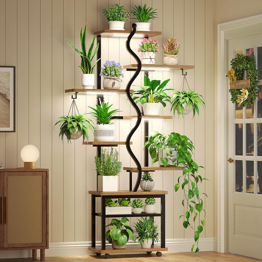 Itaar Plant Stand Indoor with Grow Lights, 9 Tiered Plant Shelf Indoor, 71" Tall Plant Stands with Wheels, S-Shaped Metal Plant Stand Display for Living Room, Patio(Rustic Brown)