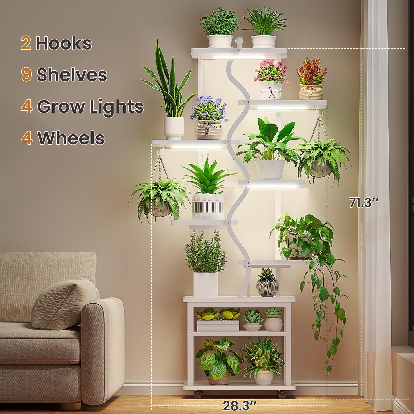 Itaar Plant Stand Indoor with Grow Lights, 9 Tiered Plant Shelf Indoor, 71" Tall Plant Stands with Wheels, S-Shaped Metal Plant Stand Display for Living Room, Patio(Rustic Brown)