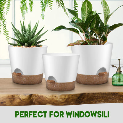 Indoor Self Watering Planters with Drainage Holes and Saucers, 8, 7, 6.5, 6, 5.5, 5 Inches, Black, 6 Pots