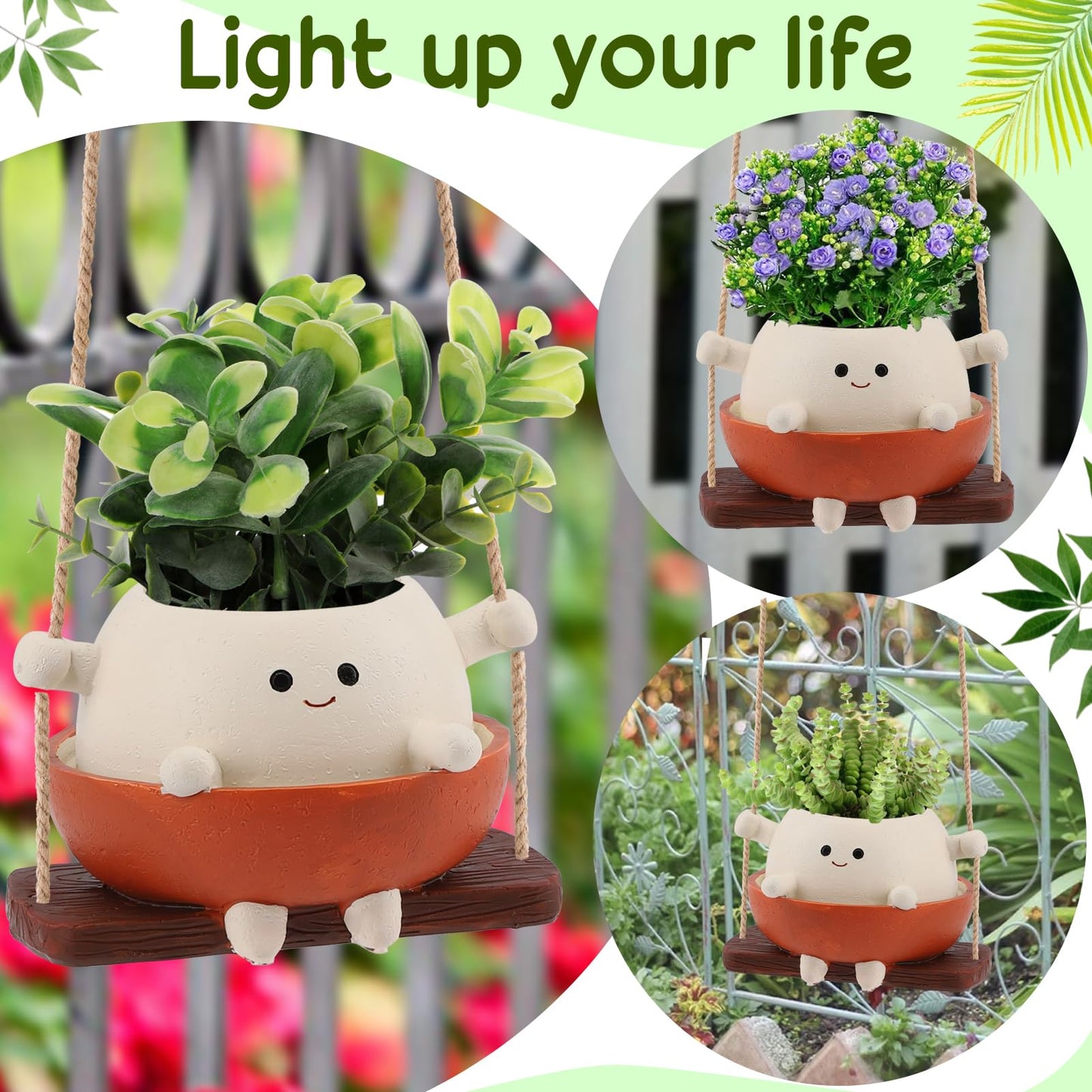 Glossy Swing Smiley Face Planter Pot Head, Small Hanging Planter for Indoor Outdoor Plants, Cute Hanging Flower Pot for String of Pearls Plant Live, Birthday Gifts