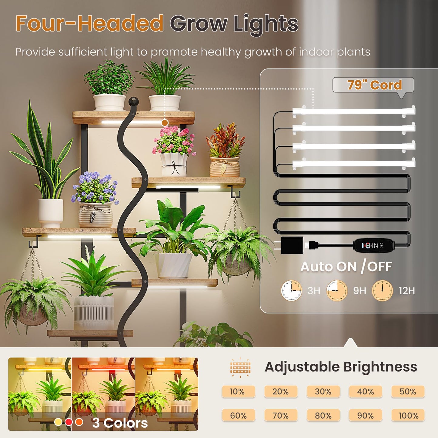 Itaar Plant Stand Indoor with Grow Lights, 9 Tiered Plant Shelf Indoor, 71" Tall Plant Stands with Wheels, S-Shaped Metal Plant Stand Display for Living Room, Patio(Rustic Brown)