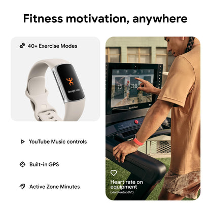 Fitbit Charge 6 Fitness Tracker with Google apps, Heart Rate on Exercise Equipment, 6-Months Premium Membership Included, GPS, Health Tools and More, Porcelain/Silver, One Size (S & L Bands Included)