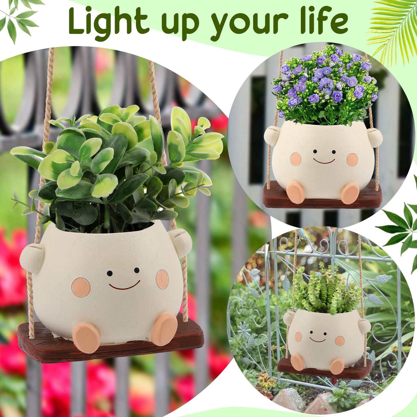 Glossy Swing Smiley Face Planter Pot Head, Small Hanging Planter for Indoor Outdoor Plants, Cute Hanging Flower Pot for String of Pearls Plant Live, Birthday Gifts